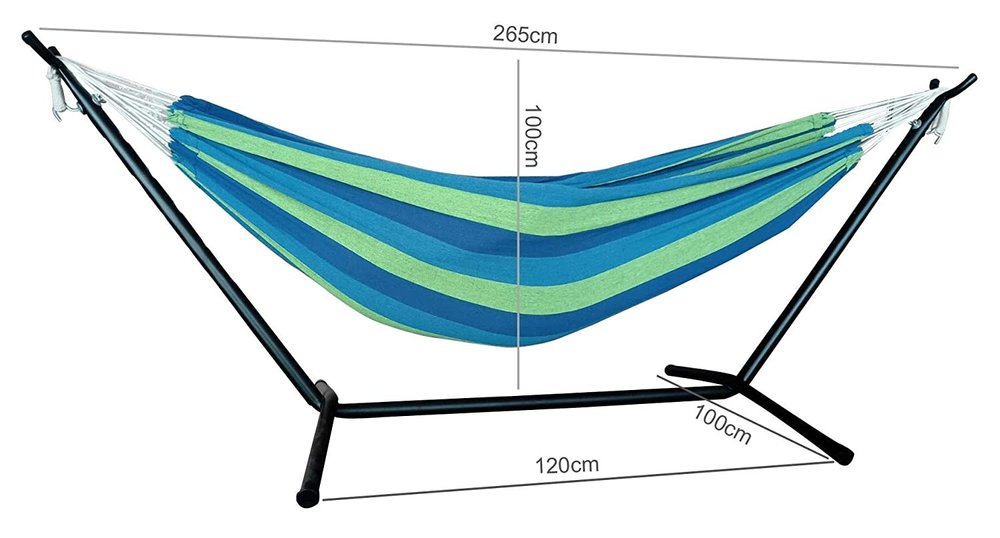 Hamaca para dos personas con soporte y rayas azules y verdes