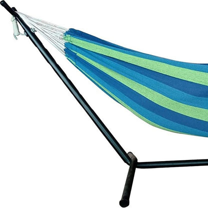 Hamaca para dos personas con soporte y rayas azules y verdes