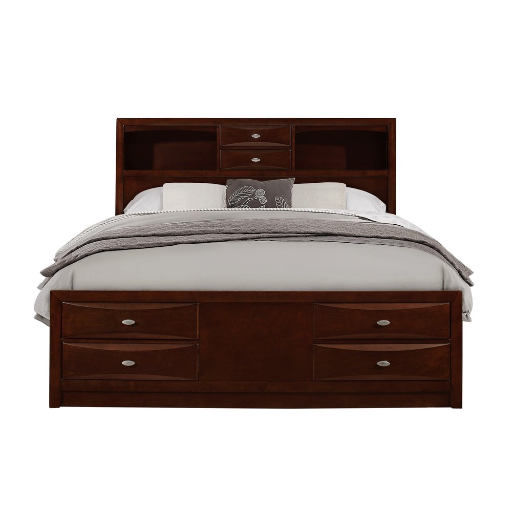 Cama Queen de madera maciza color Merlot con ocho cajones
