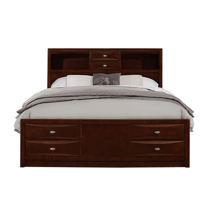 Cama Queen de madera maciza color Merlot con ocho cajones