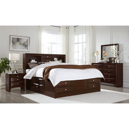 Cama Queen de madera maciza color Merlot con ocho cajones