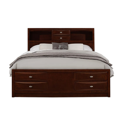 Cama Queen de madera maciza color Merlot con ocho cajones