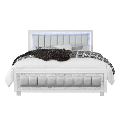 Moderna y lujosa cama Queen blanca con cabecera acolchada e iluminación LED