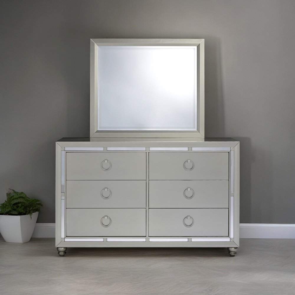 Cómoda doble de seis cajones de madera maciza plateada de 58"