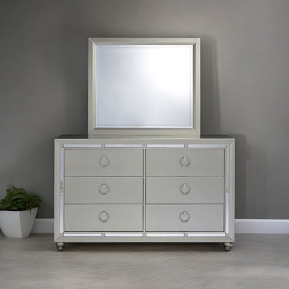 Cómoda doble de seis cajones de madera maciza plateada de 58"