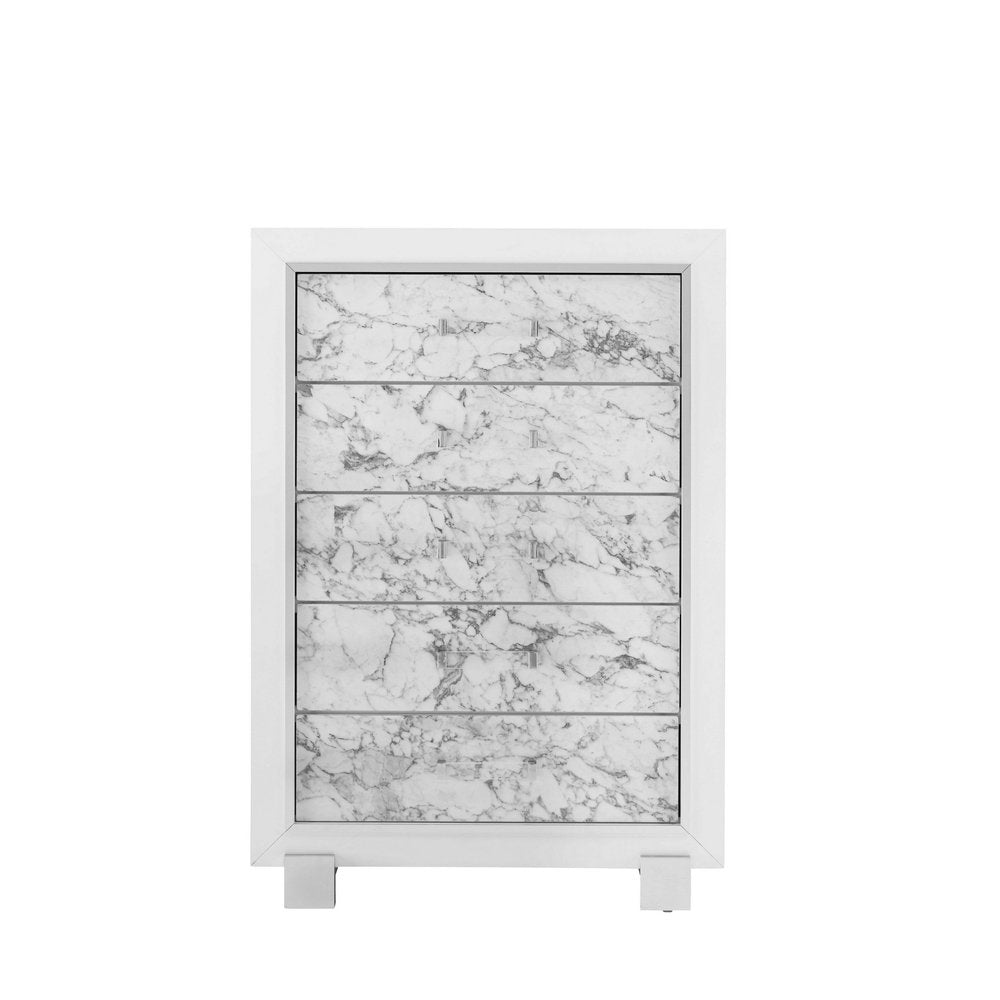 Modern White Dresser With 7 Faux Marble Detailed Front Drawer.