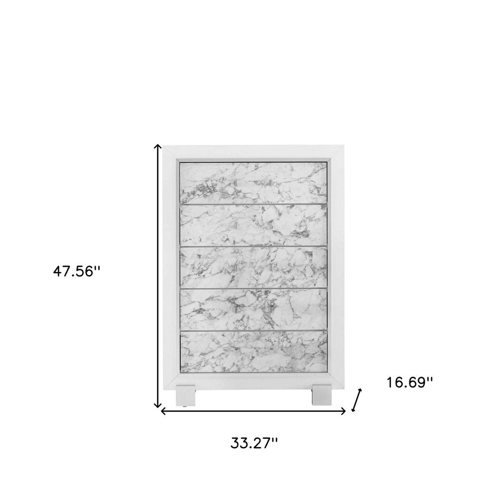 Modern White Dresser With 7 Faux Marble Detailed Front Drawer.