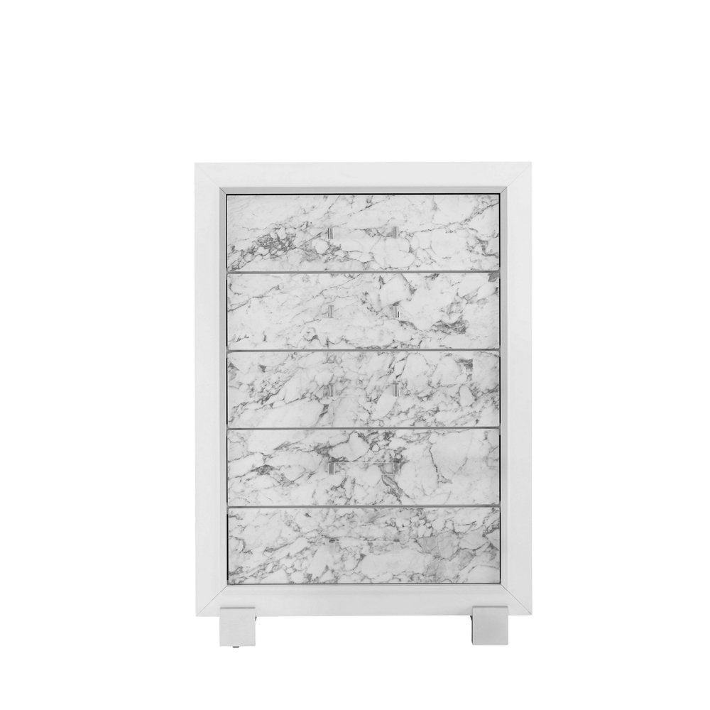 Modern White Dresser With 7 Faux Marble Detailed Front Drawer.