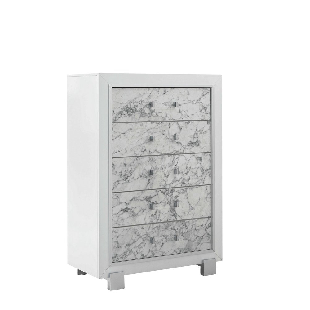 Modern White Dresser With 7 Faux Marble Detailed Front Drawer.