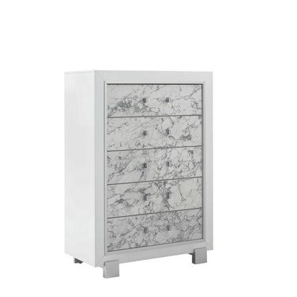 Modern White Dresser With 7 Faux Marble Detailed Front Drawer.