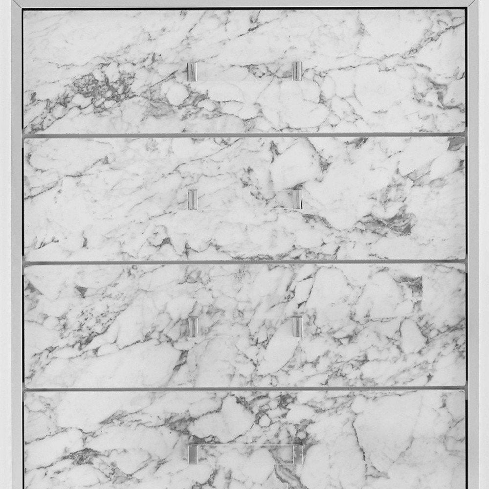 Modern White Dresser With 7 Faux Marble Detailed Front Drawer.