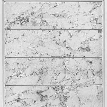Modern White Dresser With 7 Faux Marble Detailed Front Drawer.