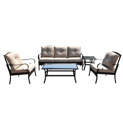 Five Piece Black and Beige Metal Sofa Seating Group With Table