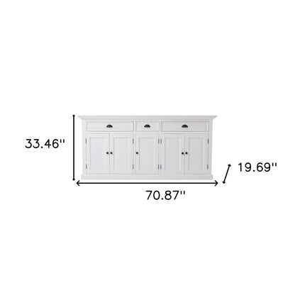 71" White Solid Wood Three Drawer Sideboard with Five Doors