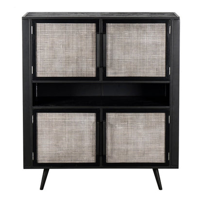 51" Black And Natural Wood And Rattan Accent Cabinet