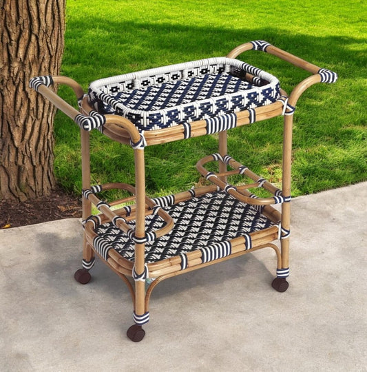 Carrito de bar con ruedas de ratán azul marino, blanco y natural de 35"