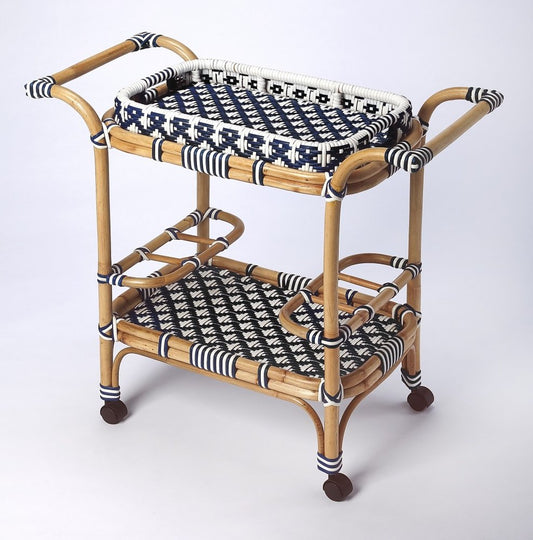 Carrito de bar con ruedas de ratán azul marino, blanco y natural de 35"