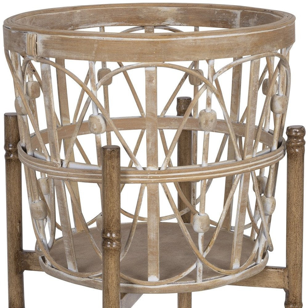 Maceta elevada redonda geométrica de madera maciza marrón de 14" para interior y exterior
