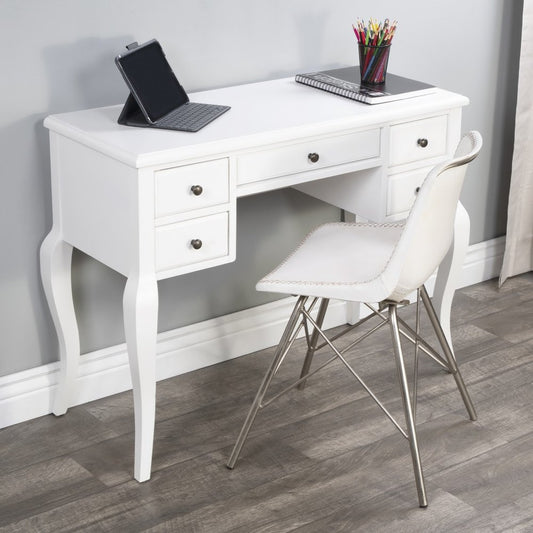 40" White Acacia Wood Writing Desk With Five Drawers