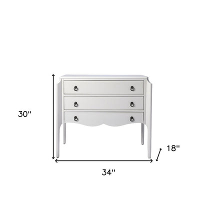 Cómoda estándar de tres cajones de madera maciza y manufacturada blanca de 34"