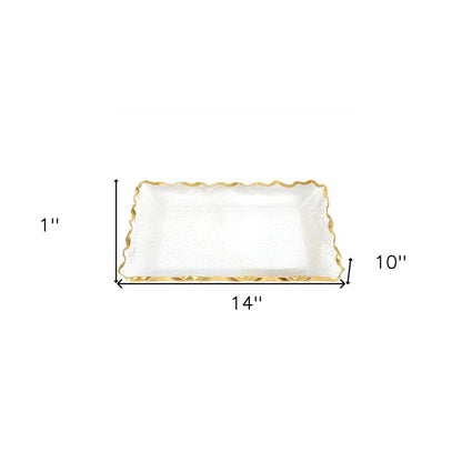 Bandeja rectangular de 14" de vidrio transparente y dorado con borde festoneado