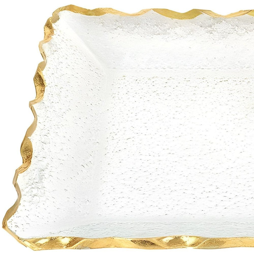 Bandeja rectangular de 14" de vidrio transparente y dorado con borde festoneado
