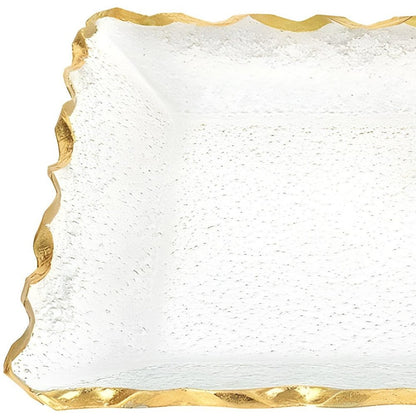Bandeja rectangular de 14" de vidrio transparente y dorado con borde festoneado