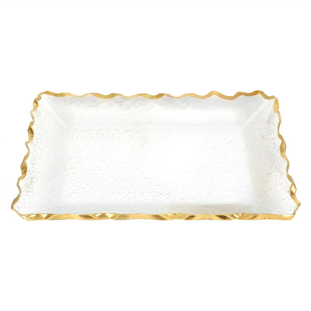Bandeja rectangular de 14" de vidrio transparente y dorado con borde festoneado
