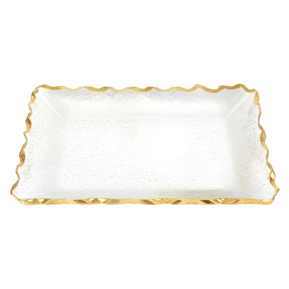 Bandeja rectangular de 14" de vidrio transparente y dorado con borde festoneado