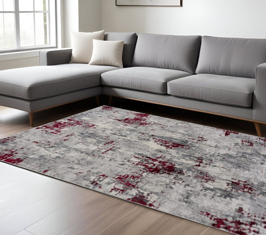 9' X 13' Red and Gray Modern Abstract Area Rug
