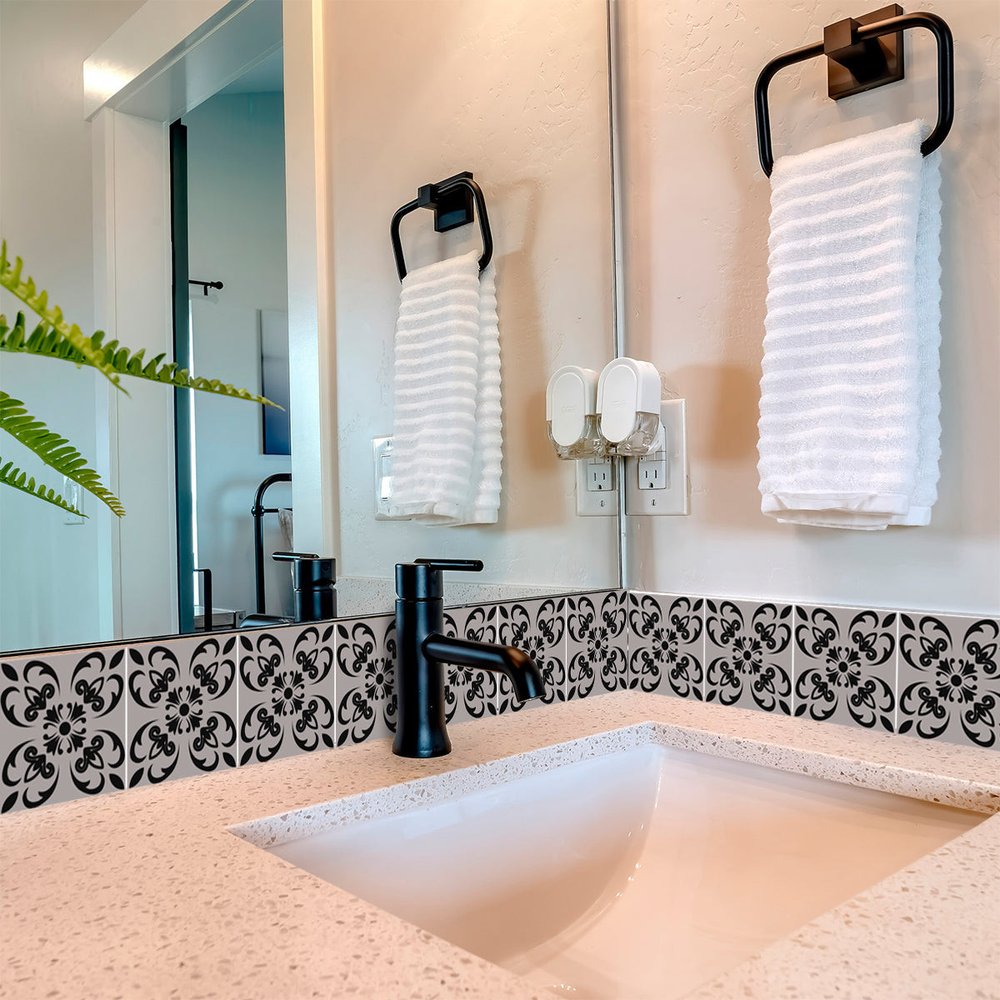 8" X 8" Black And White Orchid Peel And Stick Removable Tiles