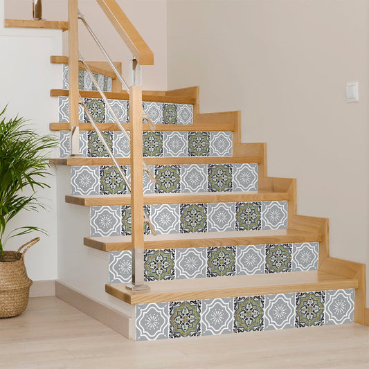 8" X 8" Vintage Sage Medallion Peel And Stick Removable Tiles