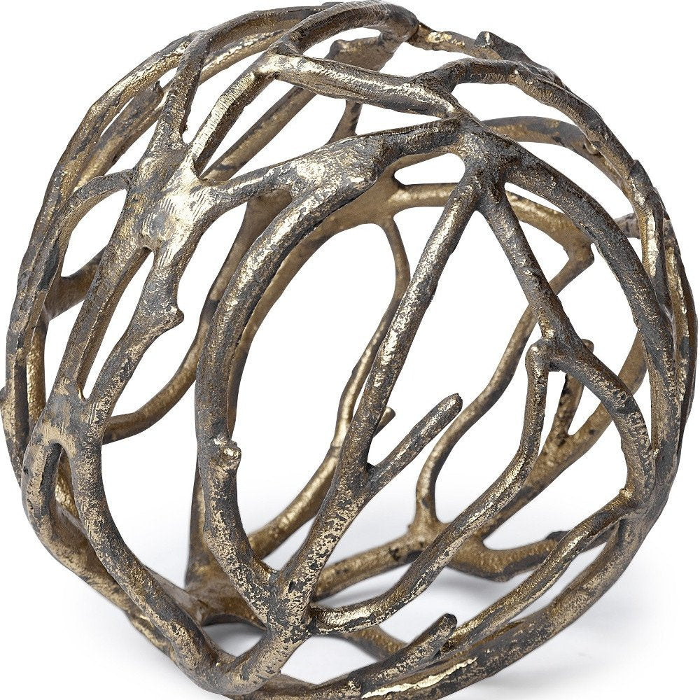Escultura de mesa de aluminio con forma de orbe de rama de árbol rústica dorada envejecida de 18 cm