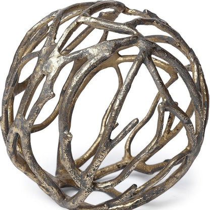 Escultura de mesa de aluminio con forma de orbe de rama de árbol rústica dorada envejecida de 18 cm