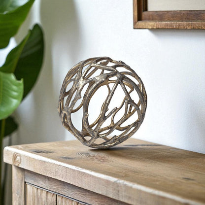 Escultura de mesa de aluminio con forma de orbe de rama de árbol rústica dorada envejecida de 18 cm