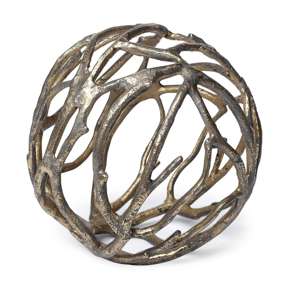 Escultura de mesa de aluminio con forma de orbe de rama de árbol rústica dorada envejecida de 18 cm