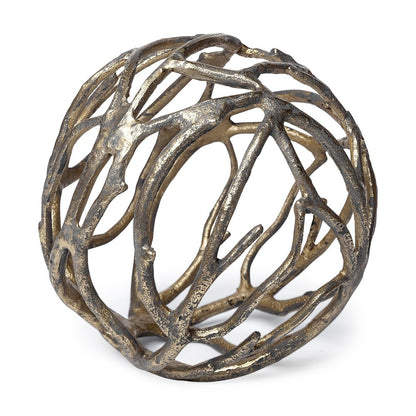 Escultura de mesa de aluminio con forma de orbe de rama de árbol rústica dorada envejecida de 18 cm
