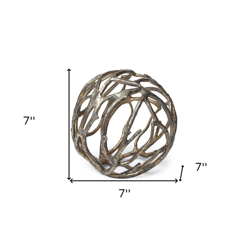 Escultura de mesa de aluminio con forma de orbe de rama de árbol rústica dorada envejecida de 18 cm