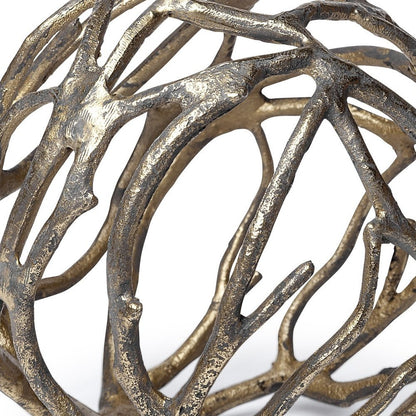 Escultura de mesa de aluminio con forma de orbe de rama de árbol rústica dorada envejecida de 18 cm