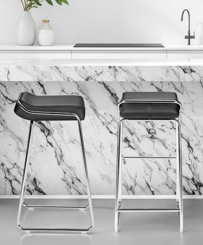 Set of Two 32" Black And Silver Faux Leather And Steel Backless Bar Height Bar Chairs