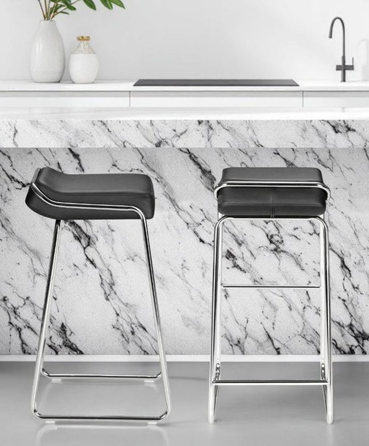 Set of Two 32" Black And Silver Faux Leather And Steel Backless Bar Height Bar Chairs
