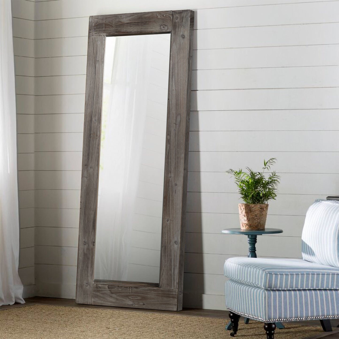 58" Dark Brown Solid Wood Freestanding and Wall Mount Accent Mirror