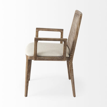 Cream And Brown Upholstered Fabric Dining Arm Chair