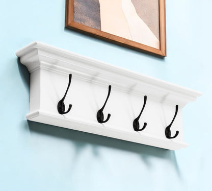 Perchero clásico de madera blanca de 28" con cuatro ganchos para colgar