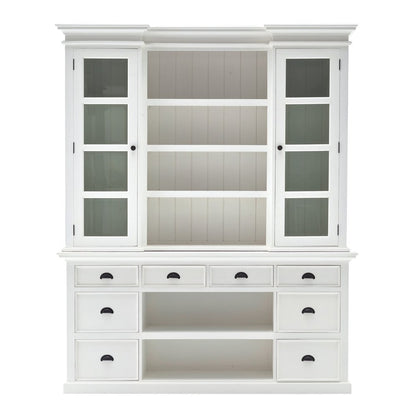 Librería de madera blanca de 87" con puertas de vidrio, cajones y cestas.