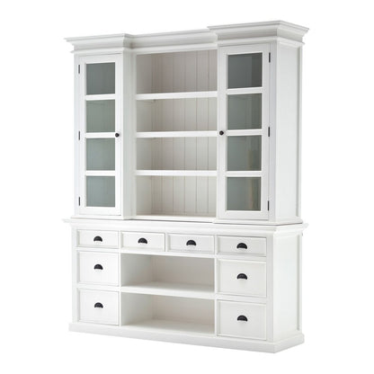 Librería de madera blanca de 87" con puertas de vidrio, cajones y cestas.