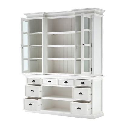 Librería de madera blanca de 87" con puertas de vidrio, cajones y cestas.