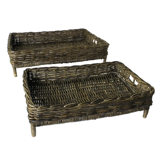 Set of Two Brown And Gray Rattan Hand Finished Serving Tray With Handles