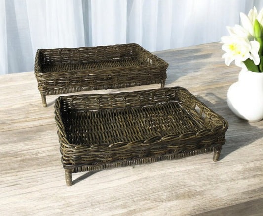 Set of Two Brown And Gray Rattan Hand Finished Serving Tray With Handles