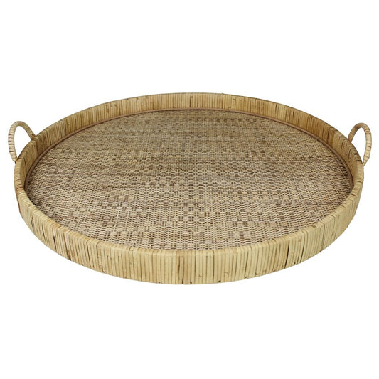 Bandeja para servir redonda de bambú natural de 24" hecha a mano con asas